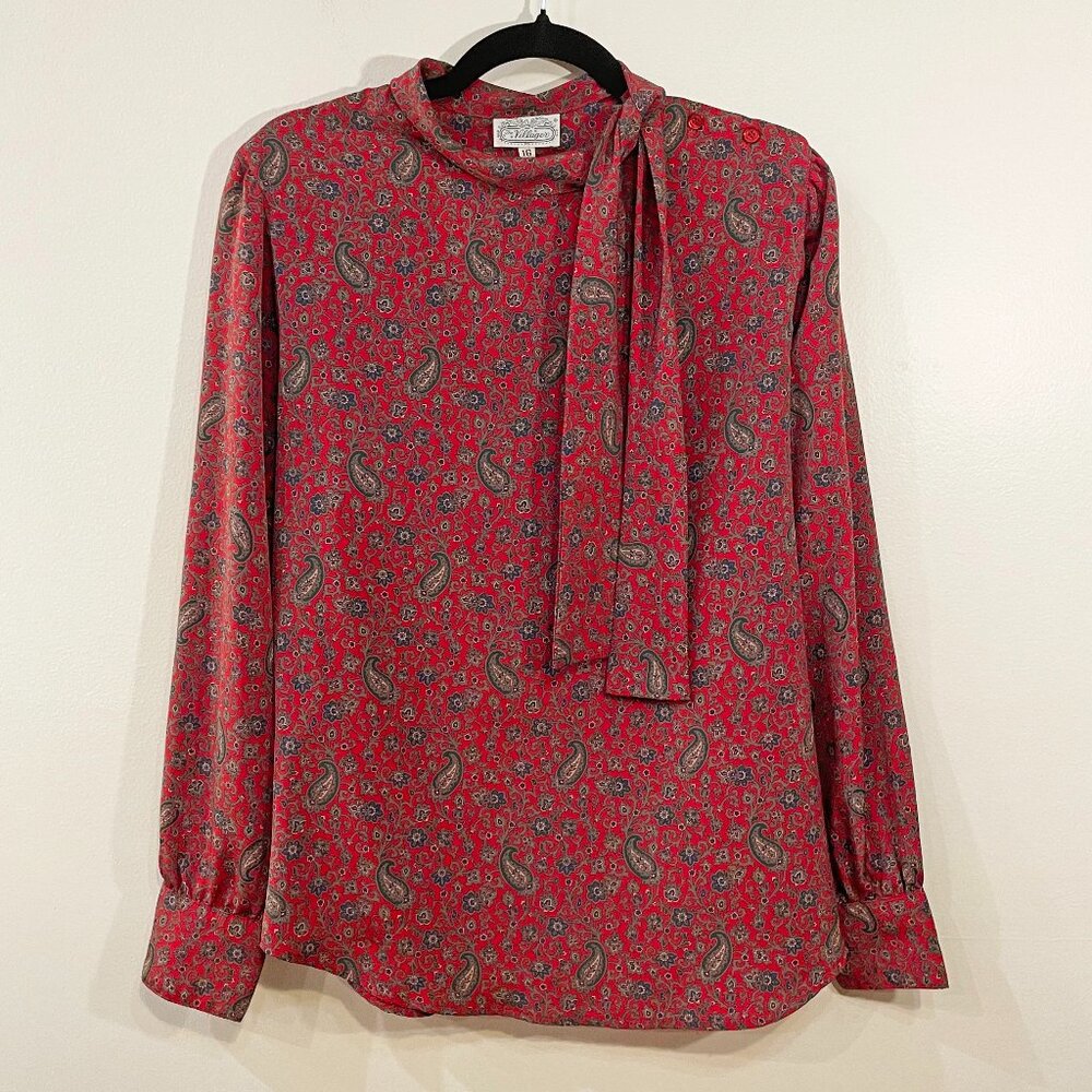 2/$40 EUC Vintage Holiday Paisley Tie-Neck Blouse Red tag 16, XL fit